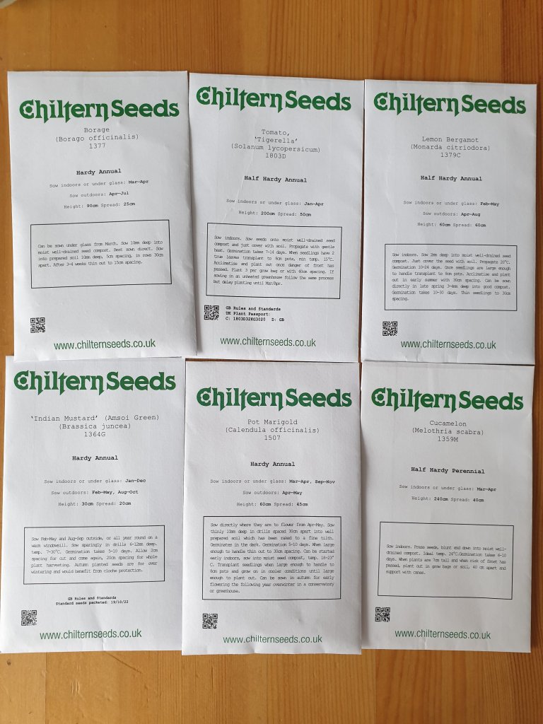 6 packets of seeds from Chiltern seeds. 